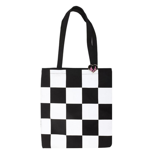 Checkerboard Print Polycotton Tote Bag with Enamel Heart Pin Badge image 2
