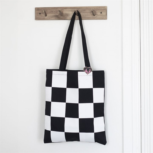 Checkerboard Print Polycotton Tote Bag with Enamel Heart Pin Badge image 0