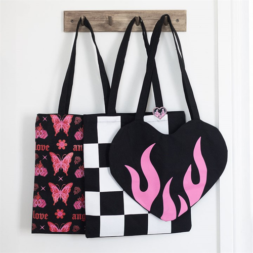 Checkerboard Print Polycotton Tote Bag with Enamel Heart Pin Badge image 1